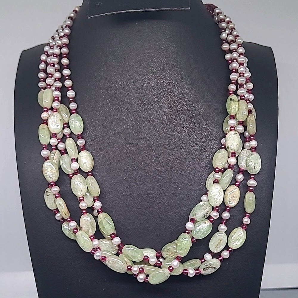 Sally C 925 Necklace Green Kyanite Pearl Sterling Silver Multi Strand
